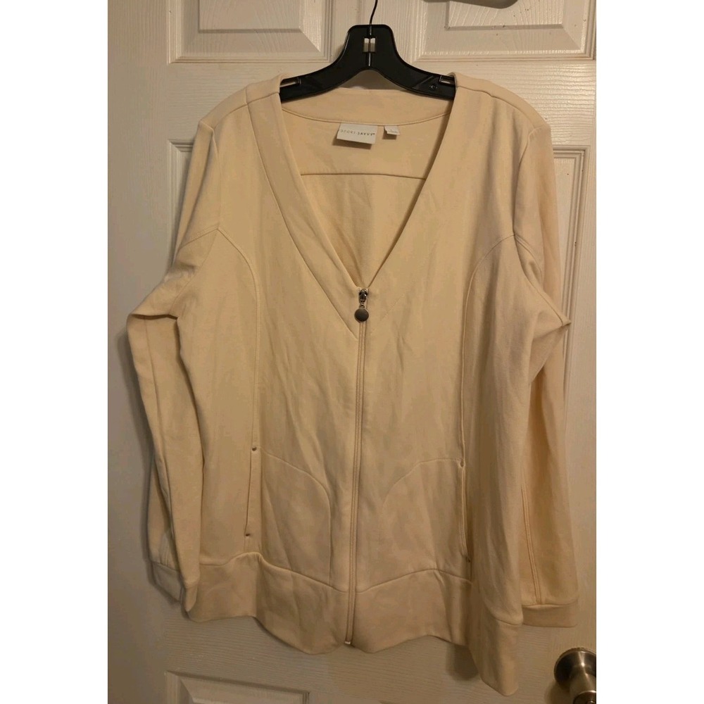 Sport Savvy cream-colored zip-front V-neck Cardigan Size L W/pockets
